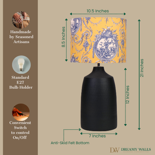 Handcrafted table lamp with Indian artwork, E27 bulb holder, anti-skid felt base, 21-inch height, and convenient switch