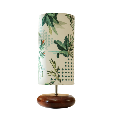 Mango Wood Table Lamp, Green Tropical Fabric Shade - RIO Collection