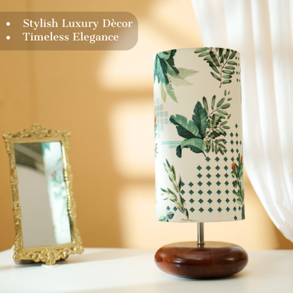 Mango Wood Table Lamp, Green Tropical Fabric Shade - RIO Collection