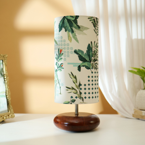 Mango Wood Table Lamp, Green Tropical Fabric Shade - RIO Collection