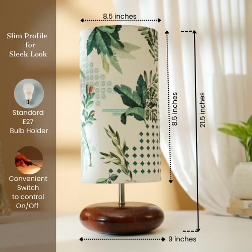 Mango Wood Table Lamp, Green Tropical Fabric Shade - RIO Collection