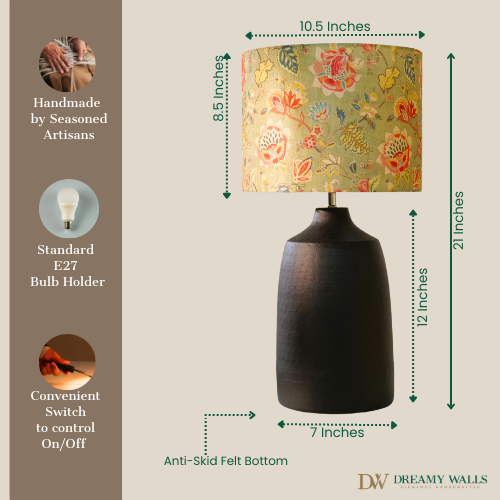 Handcrafted table lamp with Indian artwork, E27 bulb holder, anti-skid felt base, 21-inch height, and convenient switch