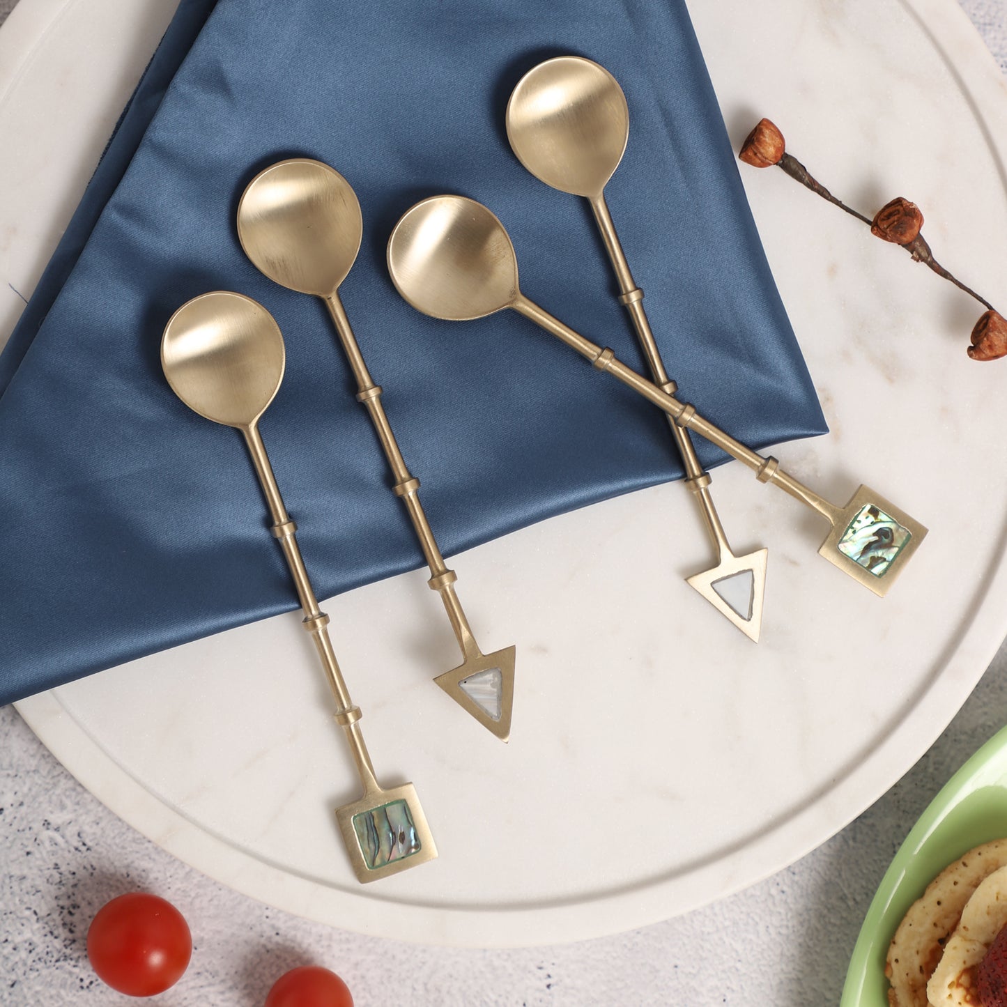 Brass Dessert Spoons with Mother-of-Pearl Ends