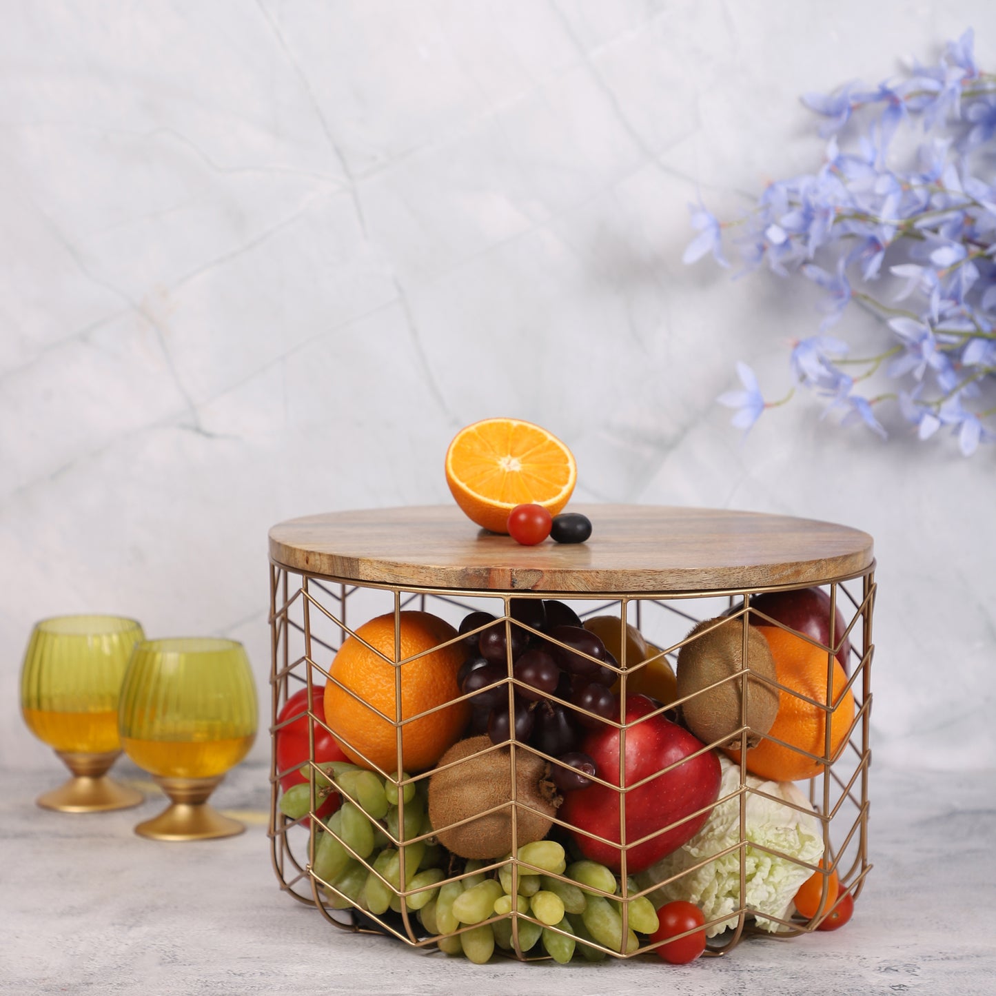 Gold Metal Basket with Wooden Lid