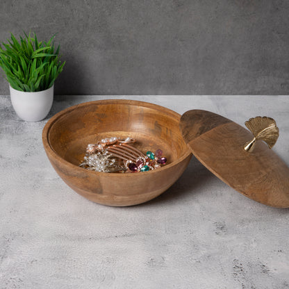 Wooden Bowl with Leaf Lid