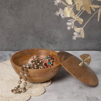 Wooden Bowl with Leaf Lid