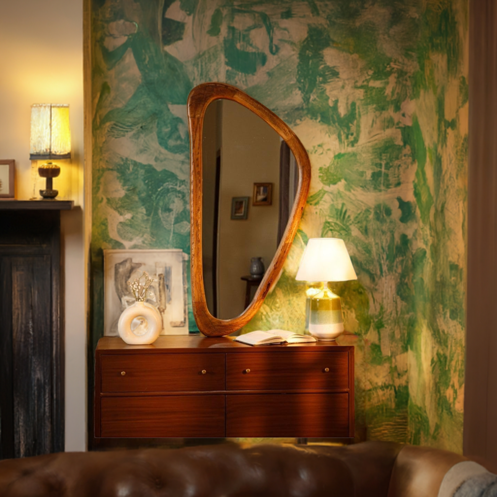 Wooden-framed asymmetrical mirror above a wooden dresser, styled with a white vase and a lamp